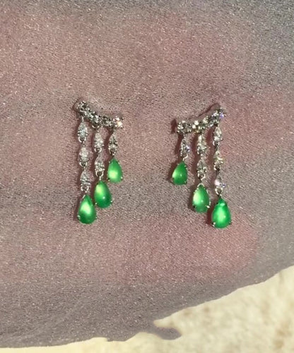 Green Sterling Silver Chalcedony Water Drop Tassel Drop Earrings