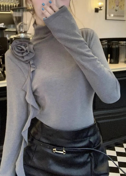 Grey Turtle Neck Stereoscopic Cotton Shirts Fall