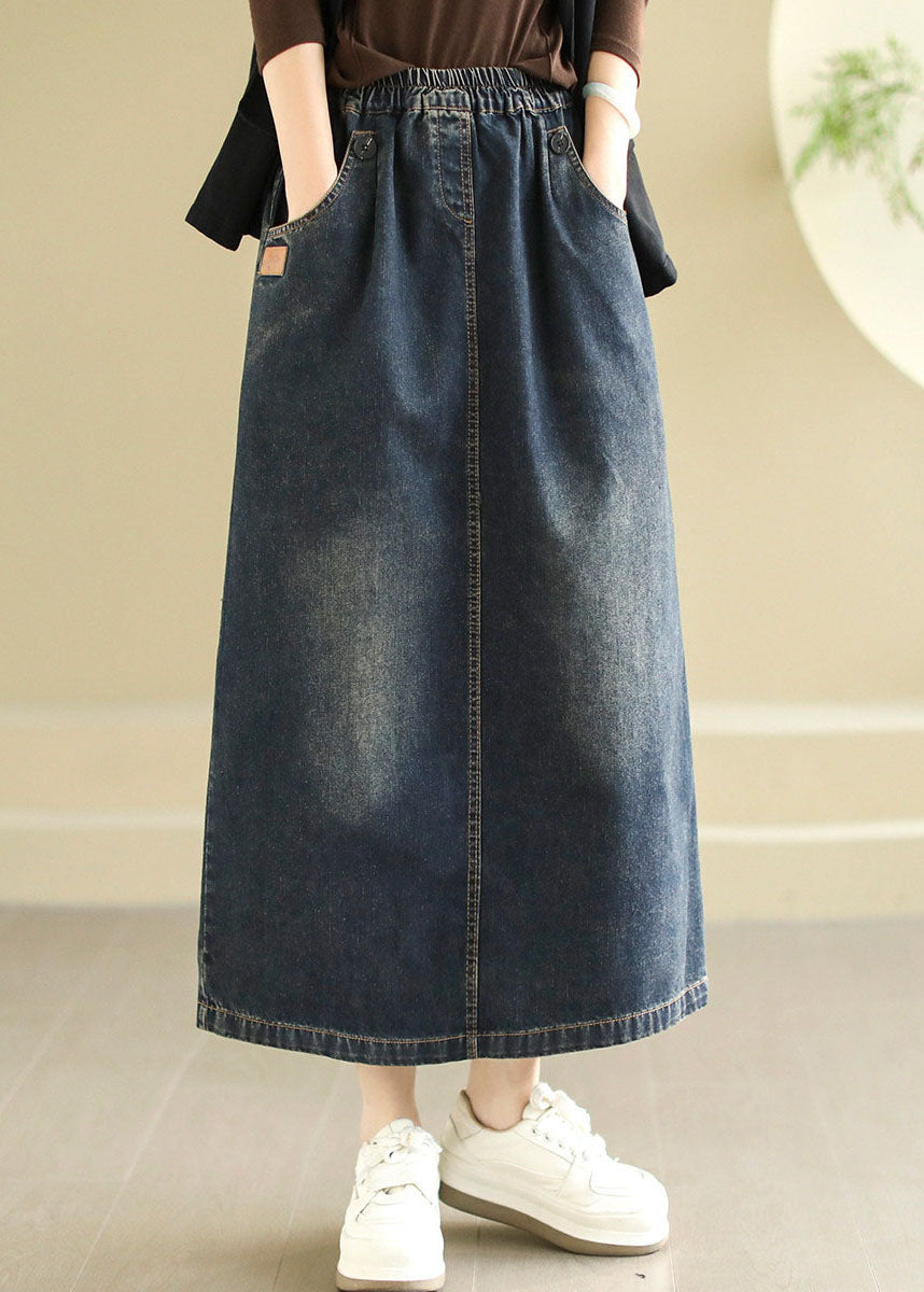 Modern Black Pockets Patchwork Elastic Waist Denim Skirt Spring