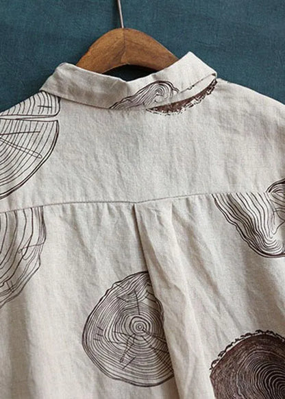 Beige Peter Pan Collar Print Summer Linen Blouses Half Sleeve