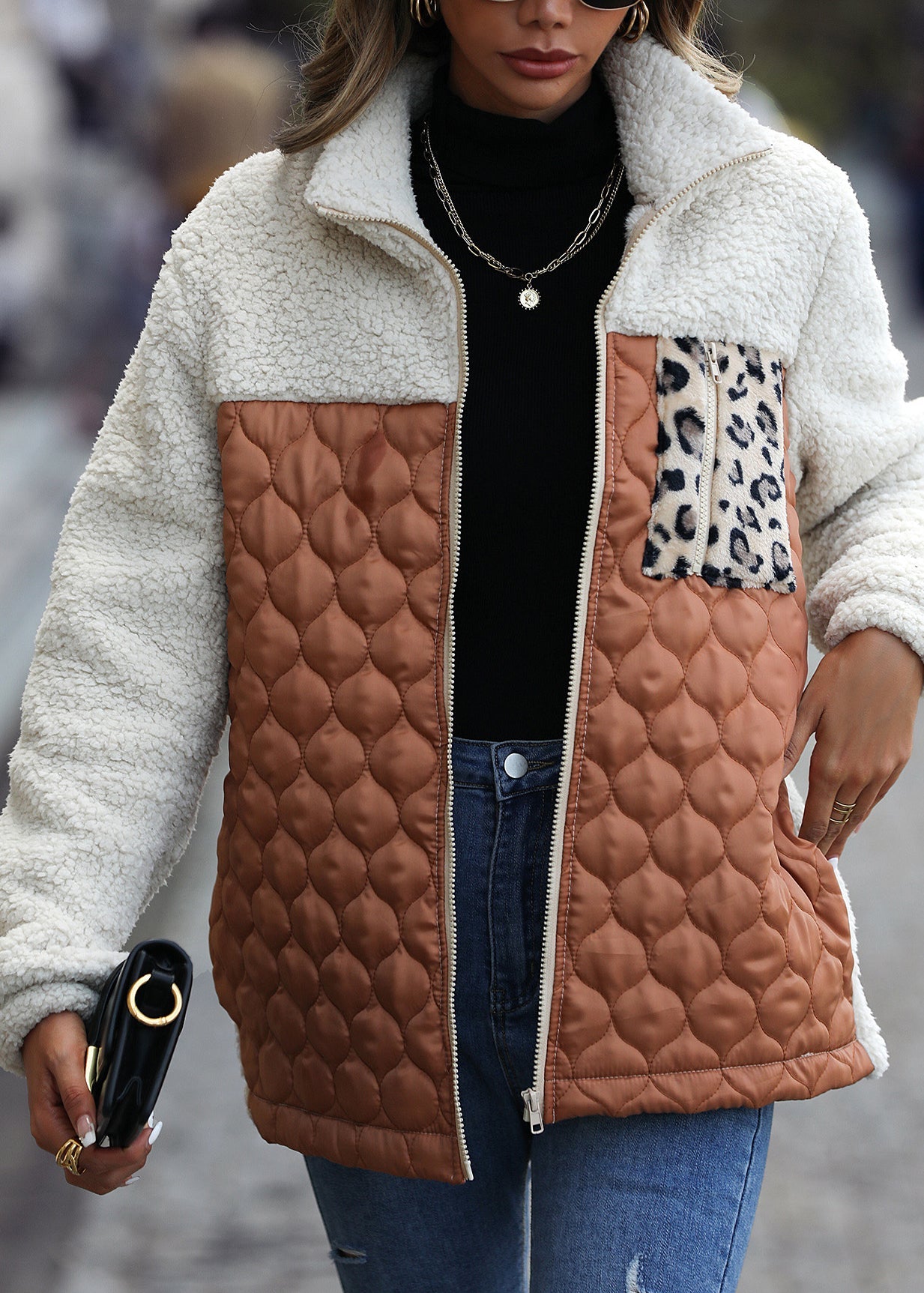 New Coffee Peter Pan Collar Patchwork Faux Fur Jackets Fall