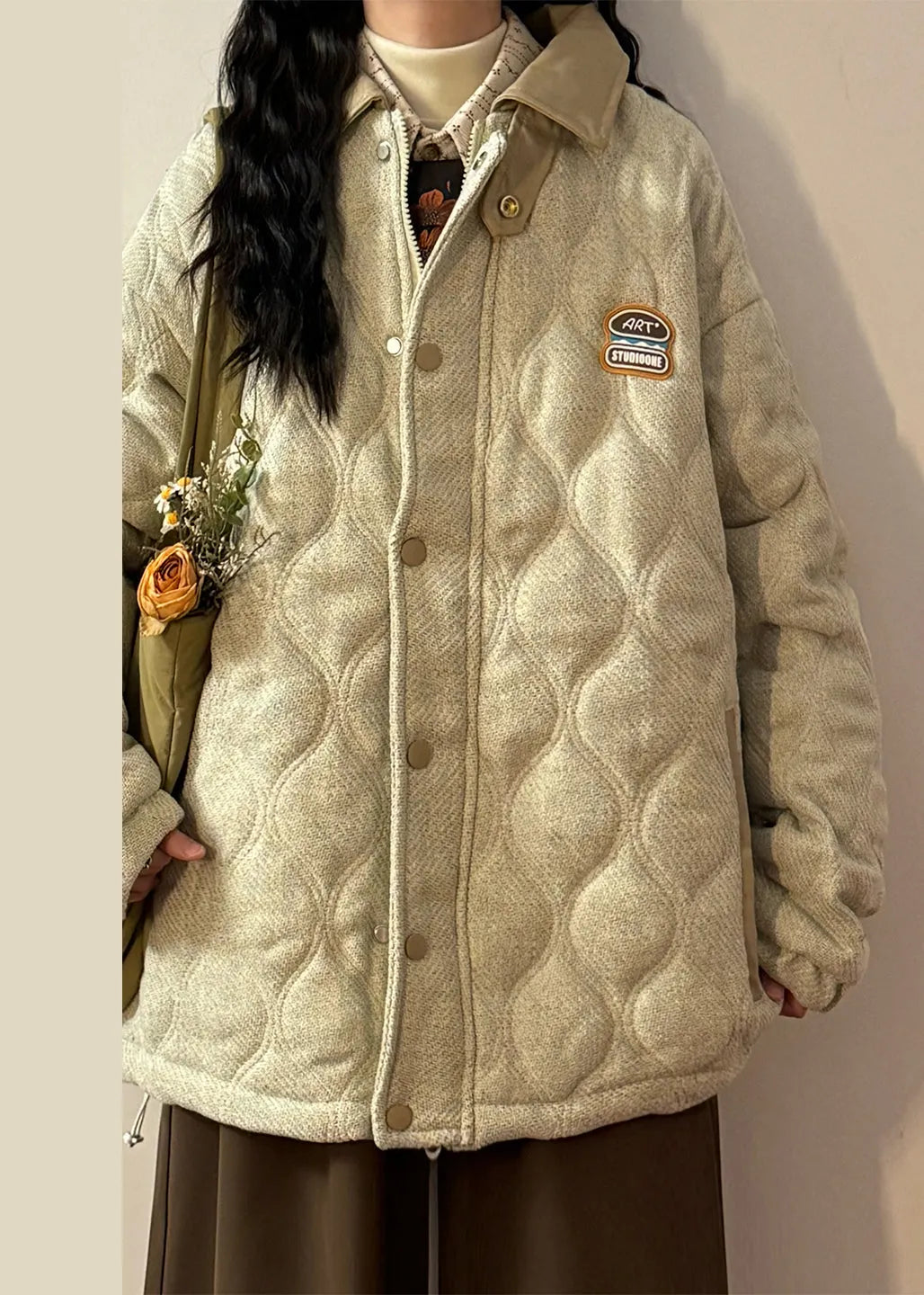 Loose Light Beige Peter Pan Collar Drawstring Faux Leather Patchwork Coat Winter
