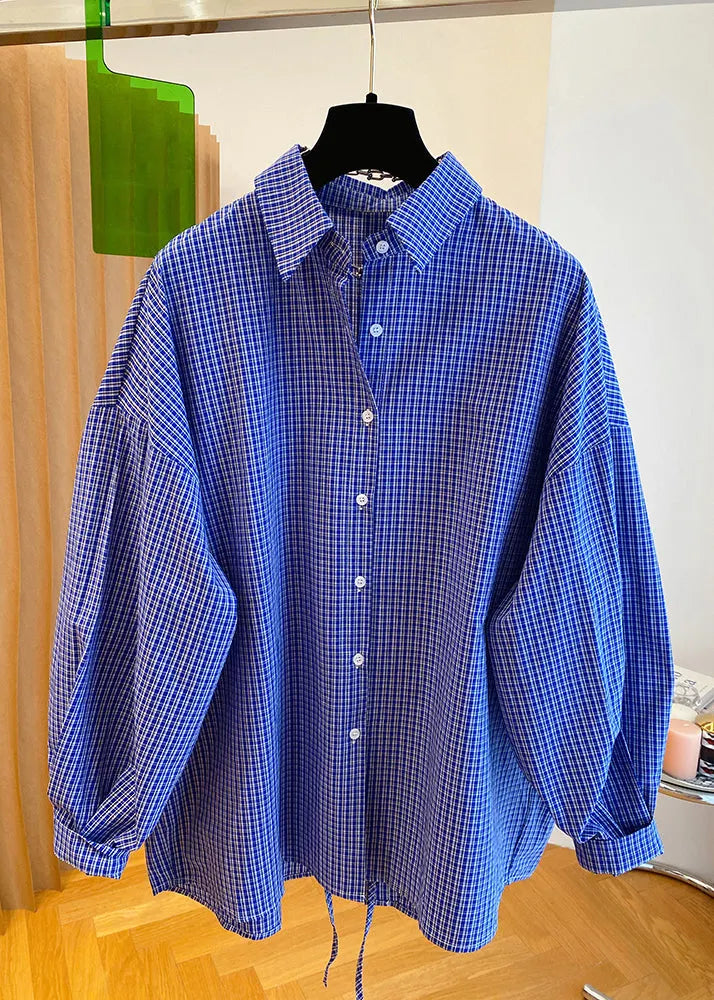 Blue Peter Pan Collar Plaid Cotton Shirts Top Fall