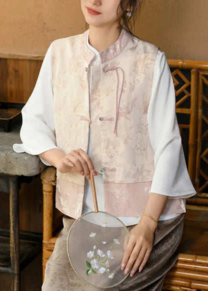Green Tasseled Jacquard Oriental Button Silk Vest Spring