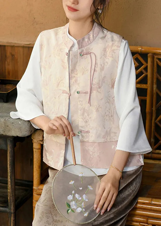 Green Tasseled Jacquard Oriental Button Silk Vest Spring