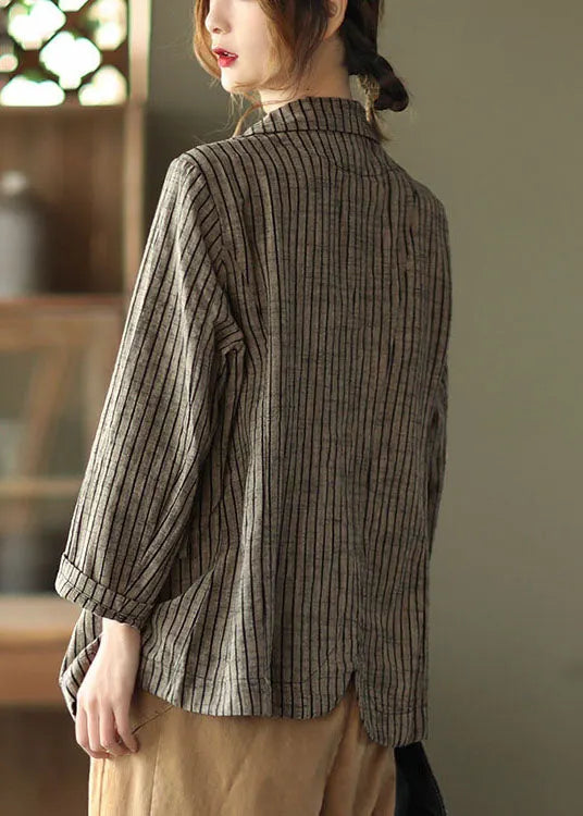 Light Button Pockets V Neck Striped Coats Long Sleeve