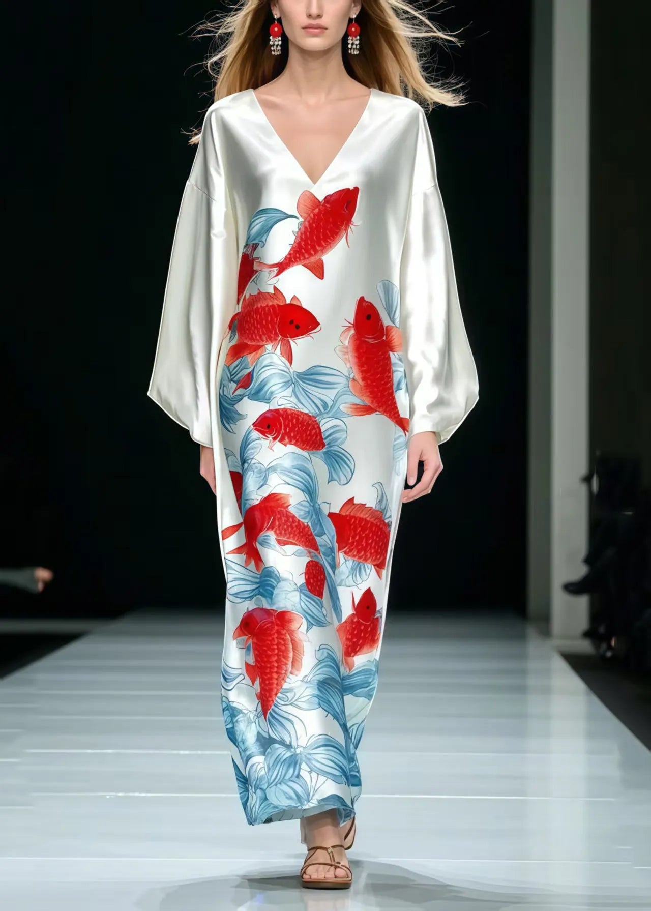 Fine White Oversized Koi Fish Print Silk Dress Spring