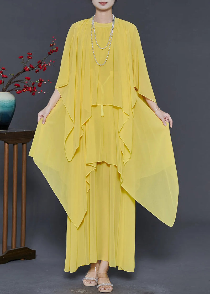 Yellow Chiffon Long Dresses Asymmetrical Design Summer