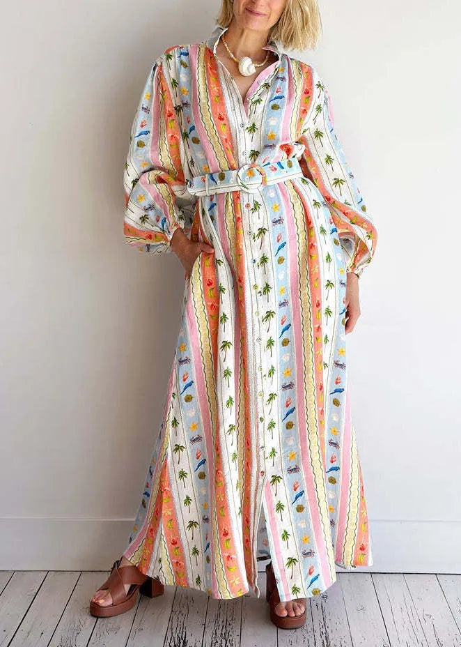 Peter Pan Collar Print Sashes Cotton Dress Long Sleeve