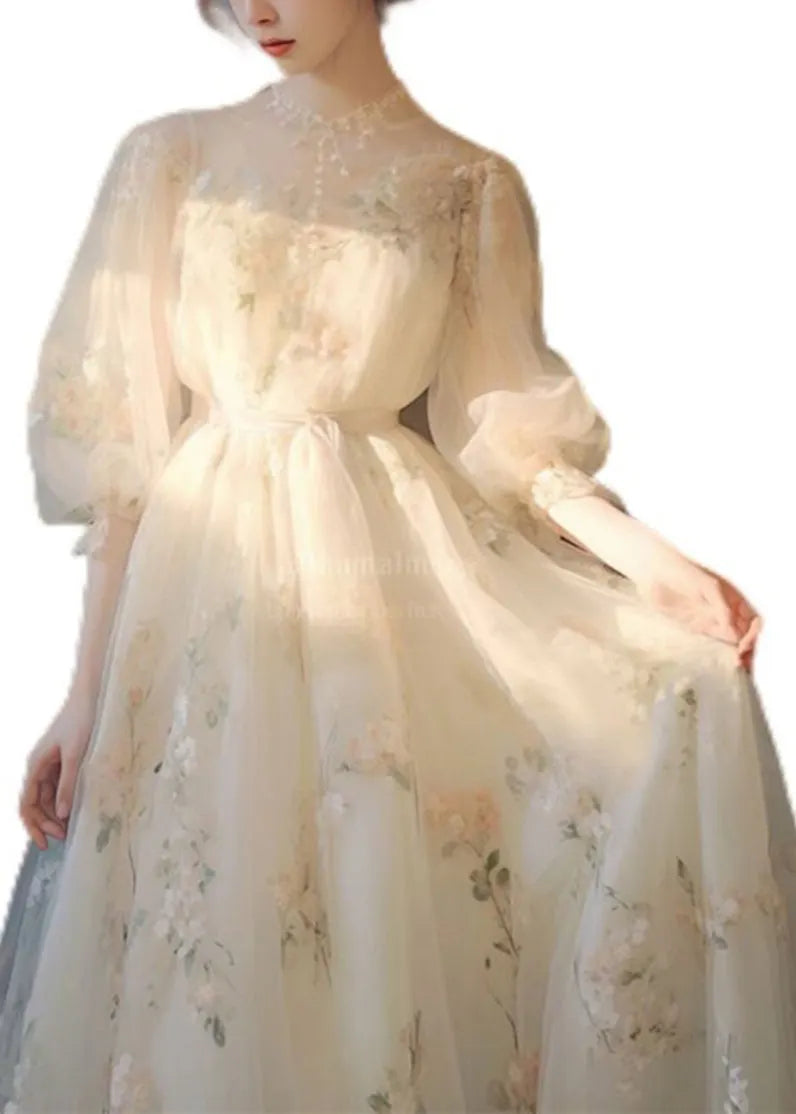 Art Beige Print Lace Up Tulle Maxi Dress Puff Sleeve