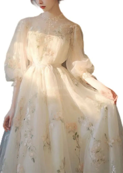 Art Beige Print Lace Up Tulle Maxi Dress Puff Sleeve