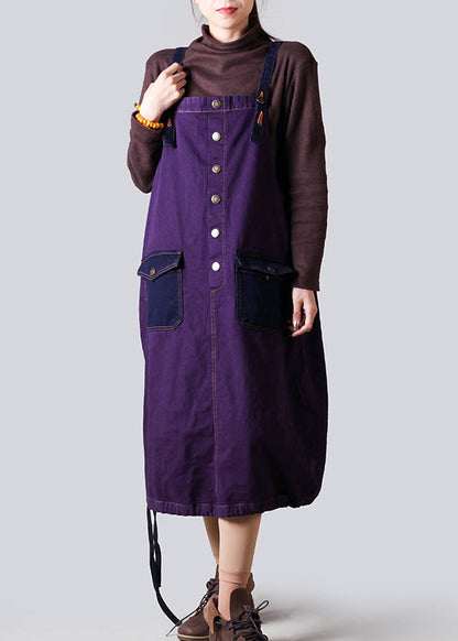 Brown Pockets Drawstring Denim Strap Dresses Fall