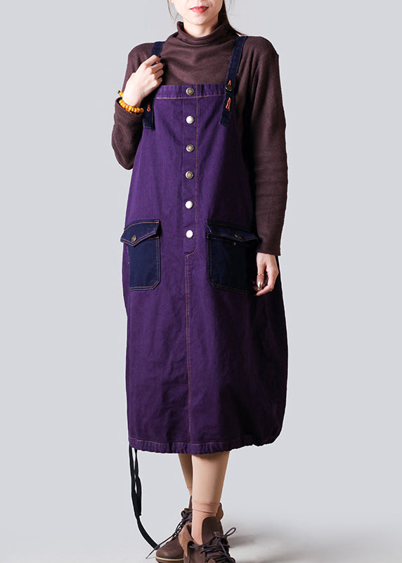 Brown Pockets Drawstring Denim Strap Dresses Fall