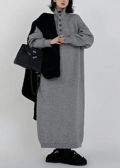 Grey Hign Neck Button Long Knit Sweaters Dress Winter