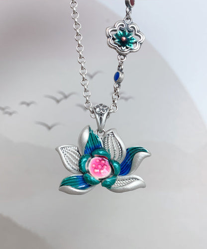 Diy Green Sterling Silver Cloisonne Lotus Hollow Out Pendant Necklace