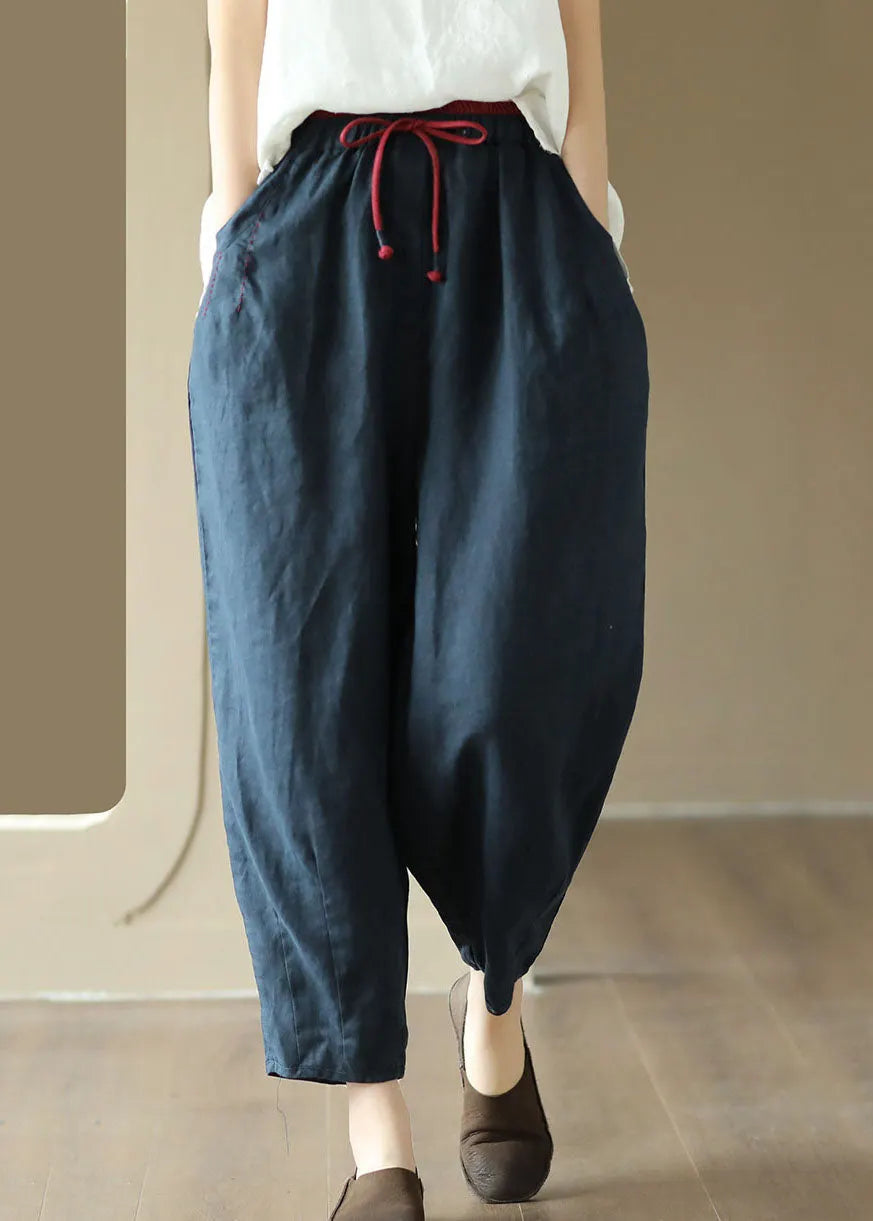 Art Navy Pockets Embroidered Patchwork Linen Pants Summer
