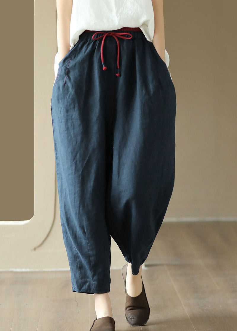 Art Navy Pockets Embroidered Patchwork Linen Pants Summer