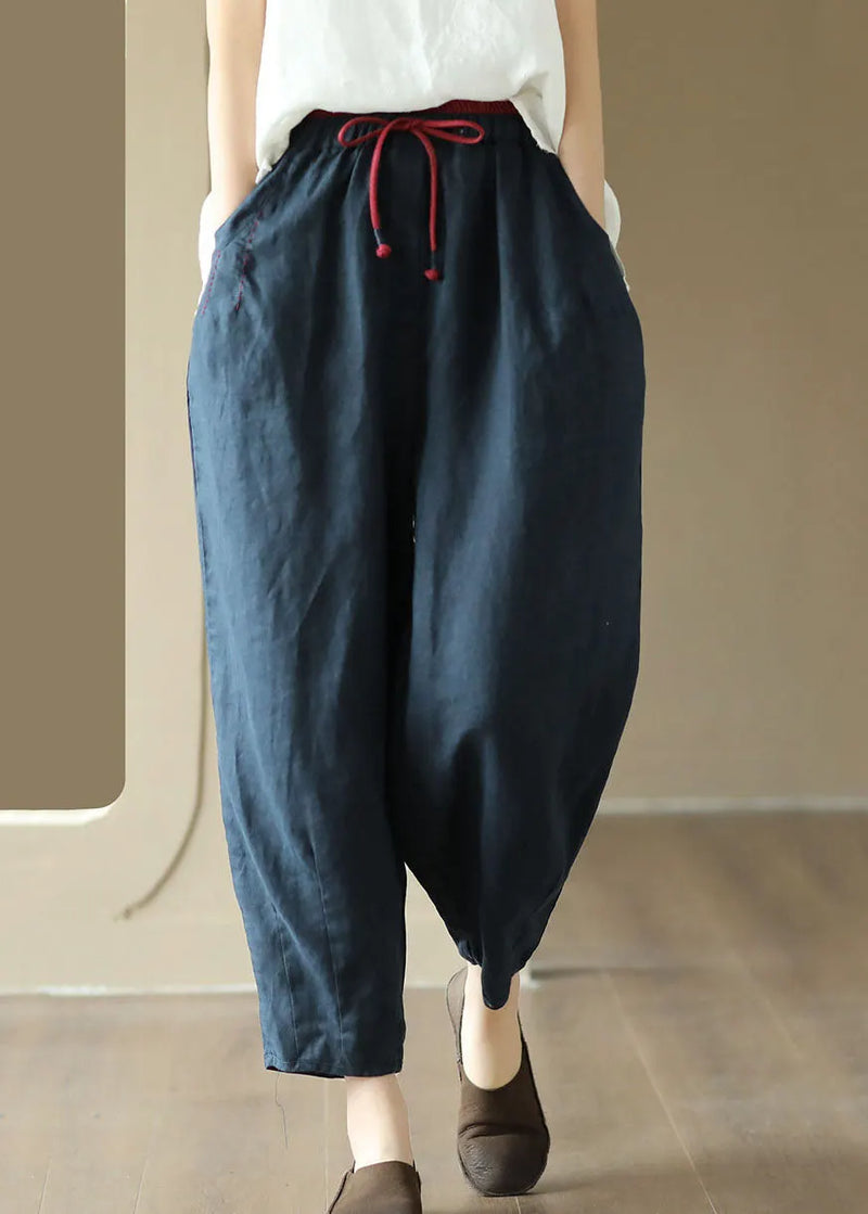 Art Navy Pockets Embroidered Patchwork Linen Pants Summer