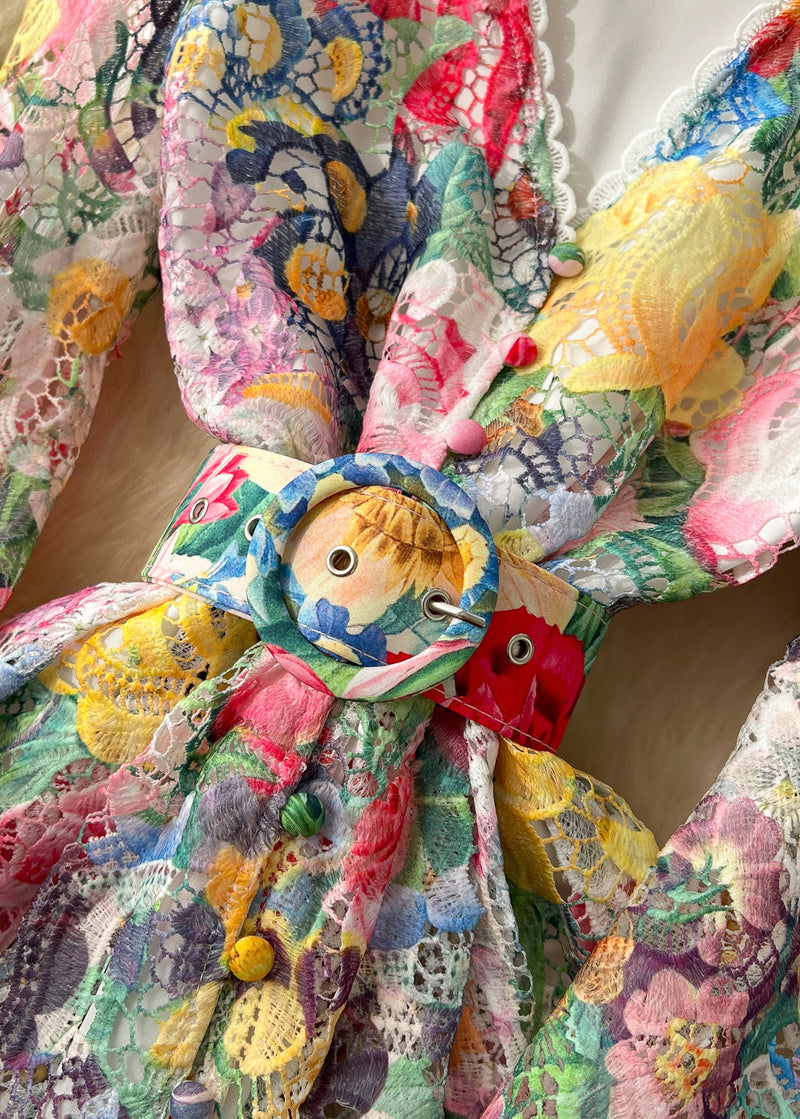 Cinched Print Lace Mid Dress Lantern Sleeve