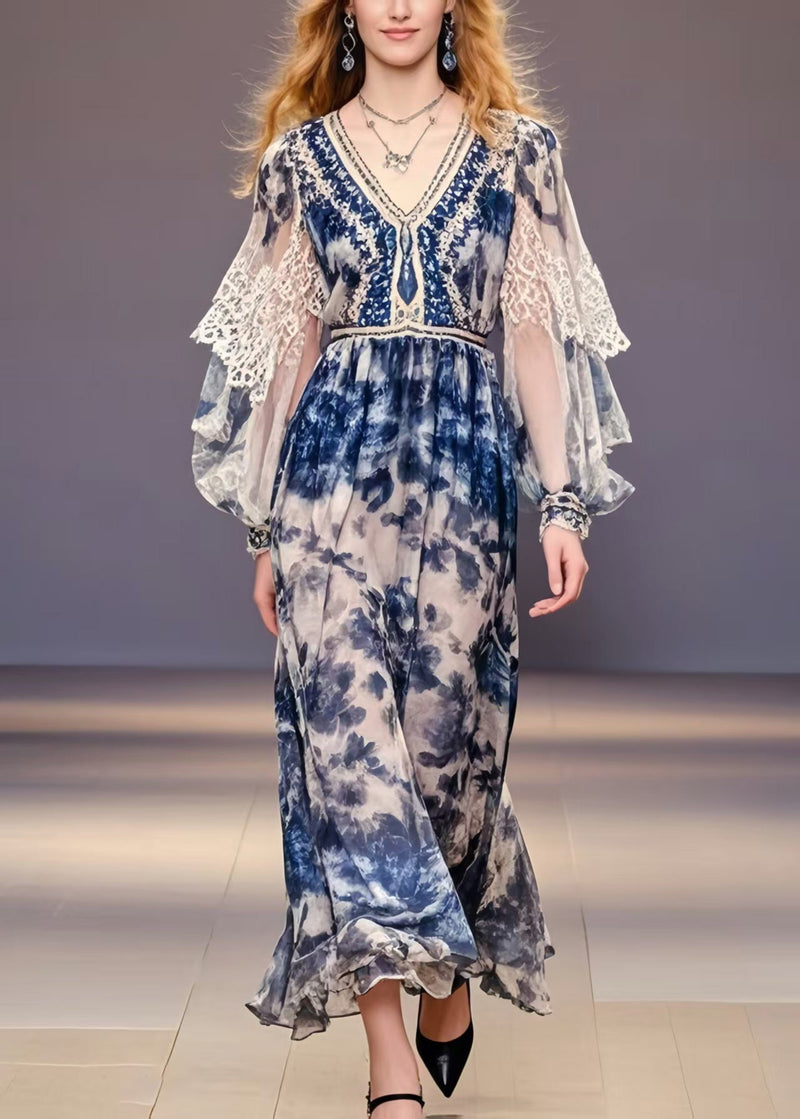 Navy Print Chiffon Party Dress Lantern Sleeve