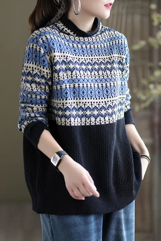 Retro Loose Cotton Sweater Half High Neck Sweater