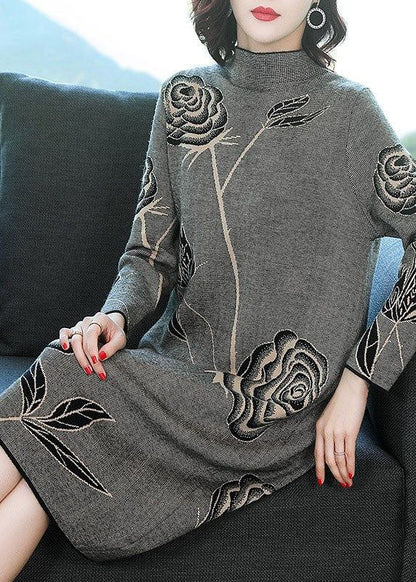 Black Stand Collar Print Knit Sweater Dress Winter