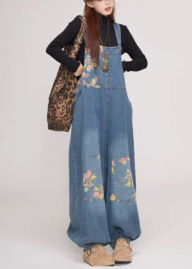 Blue Print Pockets Patchwork Denim Jumpsuit Summer