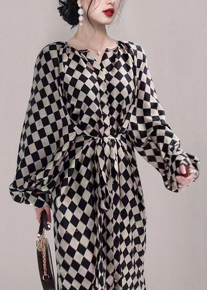 French Plaid Pockets Tie Waist Chiffon Long Dresses Fall