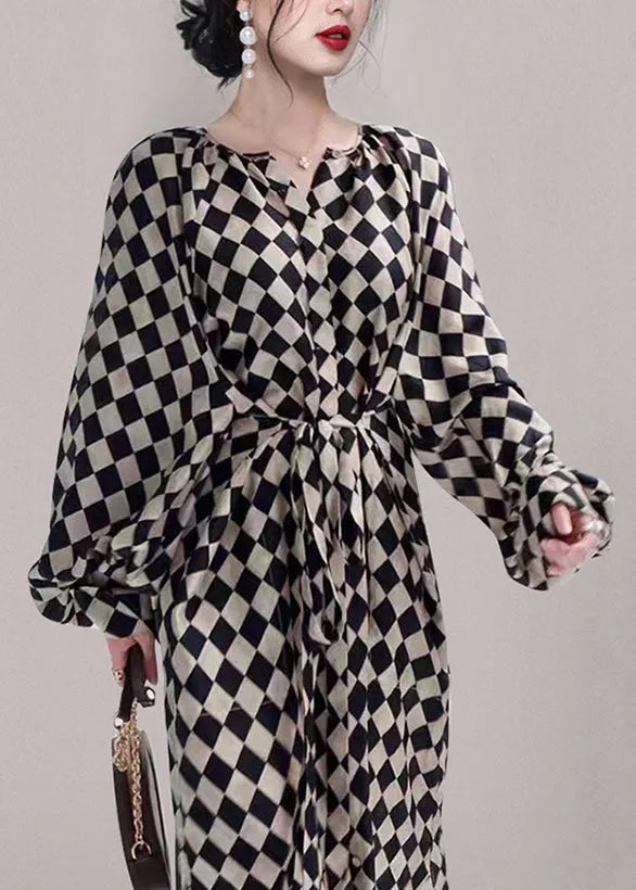 French Plaid Pockets Tie Waist Chiffon Long Dresses Fall