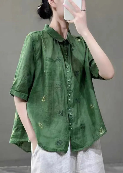 Green Peter Pan Collar Embroidered Patchwork Cotton Shirts Top Summer