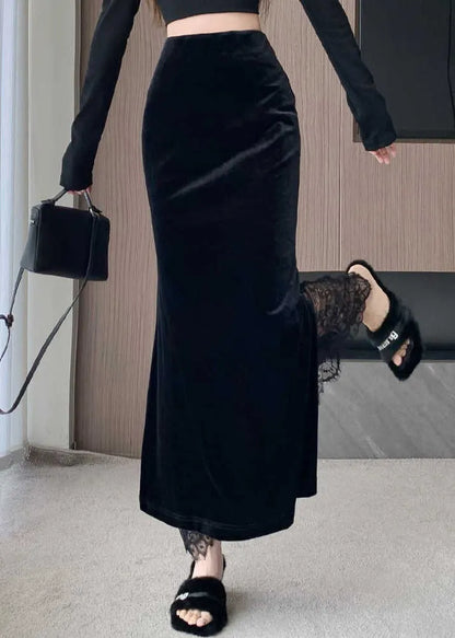 Stylish Black Lace Patchwork Silk Velvet Skirts Spring