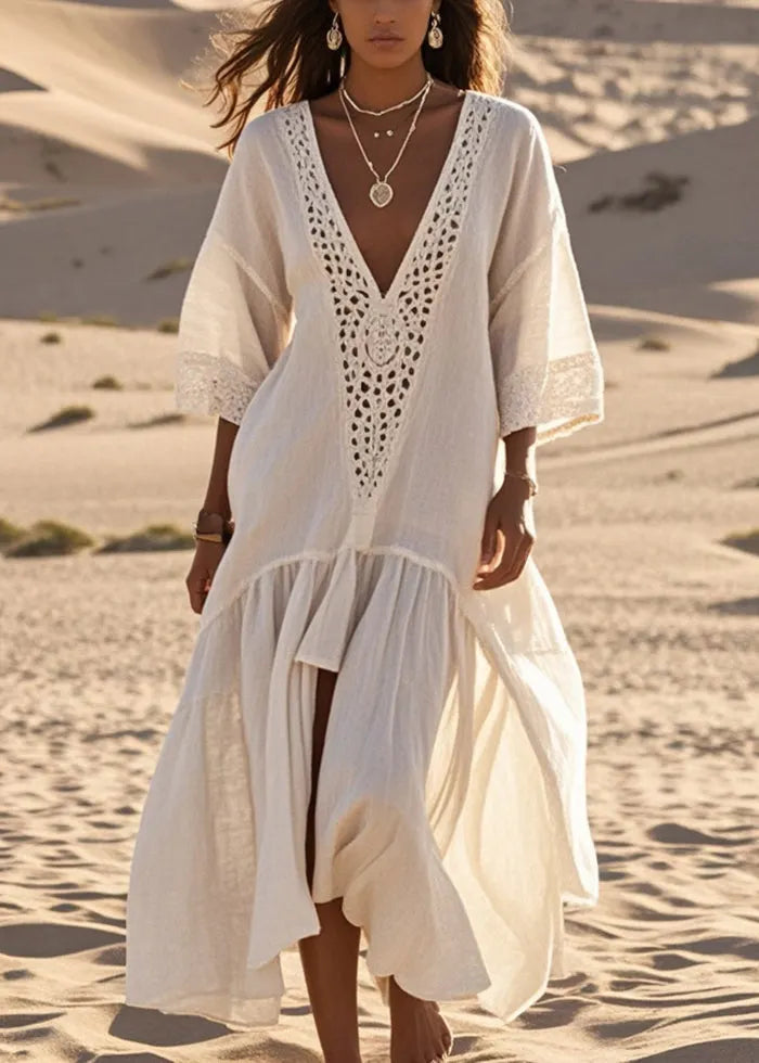 White Oversized Lace Patchwork Cotton Long Dresses Summer