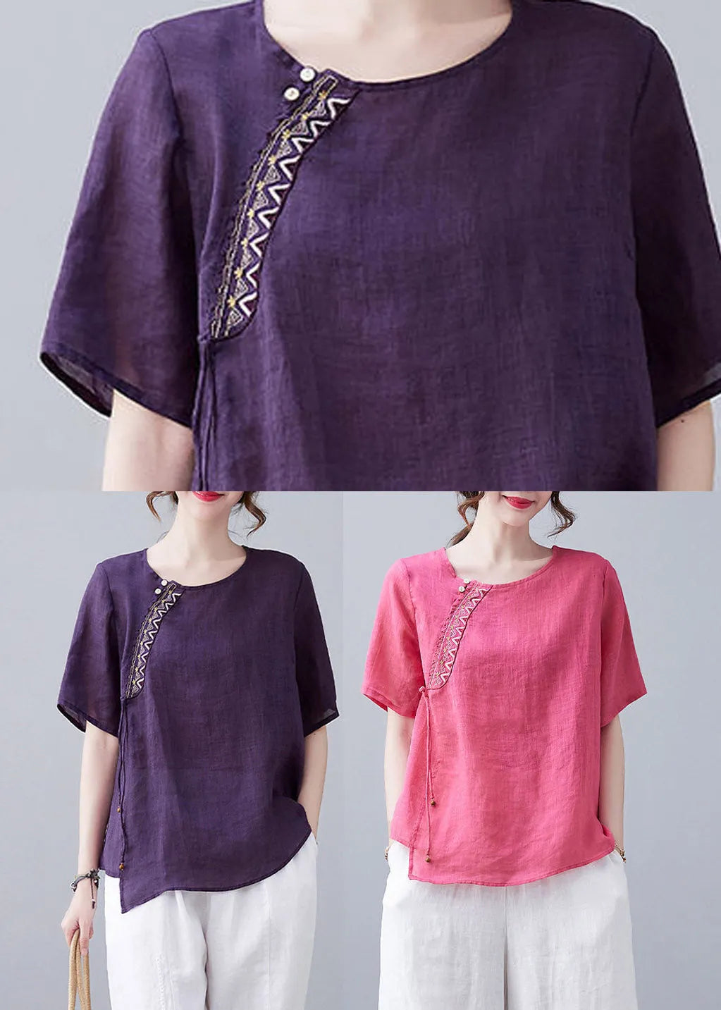 Purple O-neck Patchwork Linen T Shirt Short Sleeve