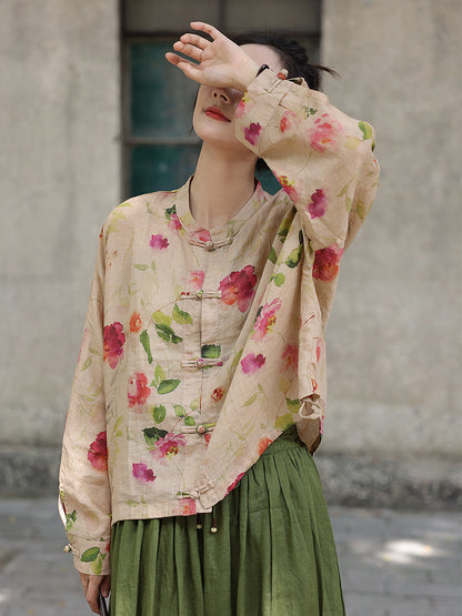 Flower Button-up Ramie Loose Shirt