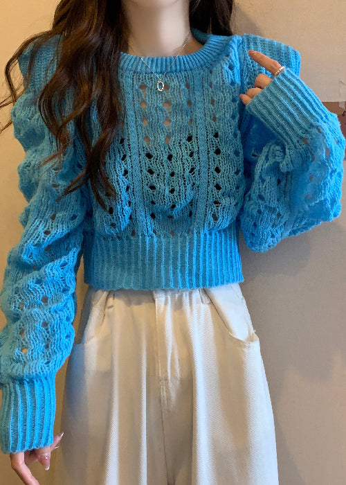 Green Puff Sleeve Hollow Out Knit Short Sweater Spring