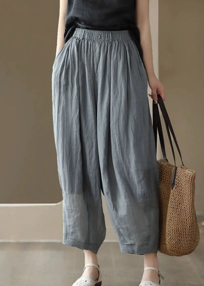 Grey Elastic Waist Pockets Patchwork Linen Lantern Pants Summer