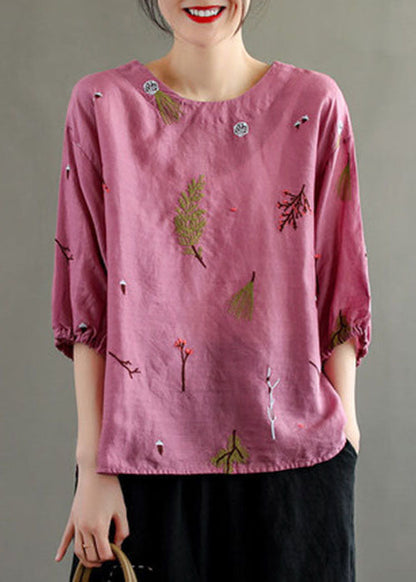Yellow O-neck Embroidered Linen Tank Top Lantern Sleeve