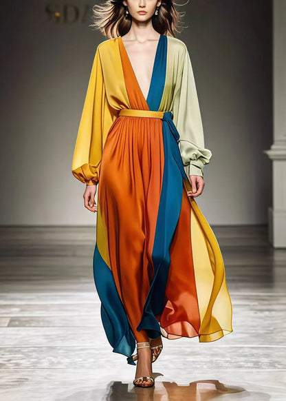 Diy Colorblock Cinched Patchwork Draping Chiffon Holiday Dresses Fall