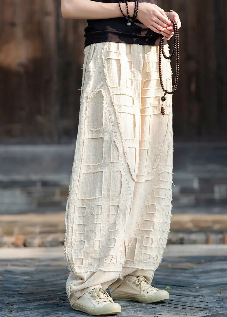 Beige Pockets Patchwork Linen Lantern Pants Fall