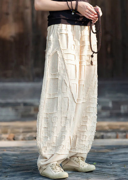 Beige Pockets Patchwork Linen Lantern Pants Fall