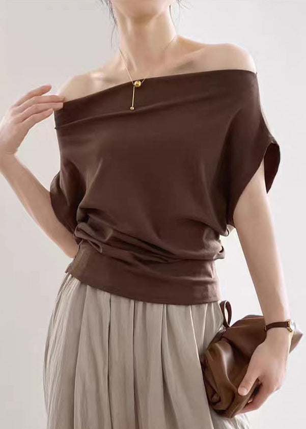 Coffee Cotton Summer T Shirts Cold Shoulder