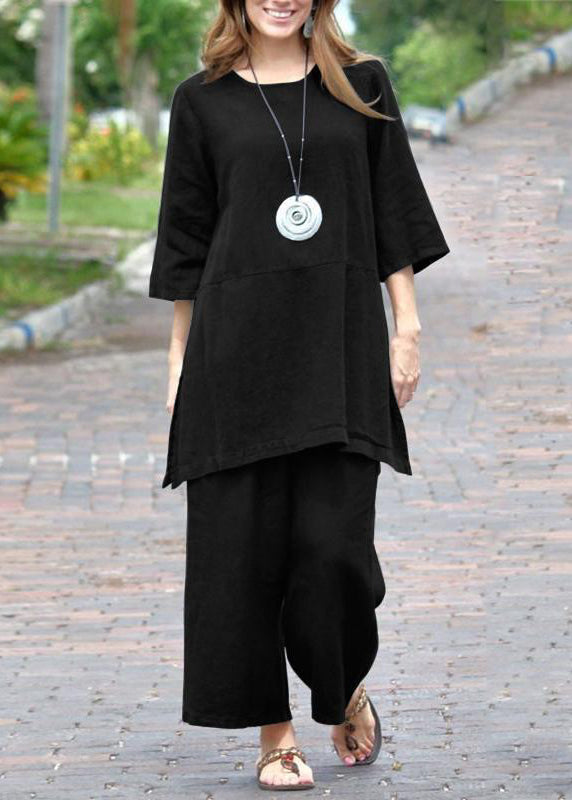 Caramel O-neck Side Open Top and Crop Pants Two Pieces Set Bracelet Sleeve