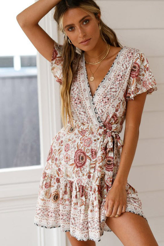 V-neck Maxi Printed Summer Short Dress