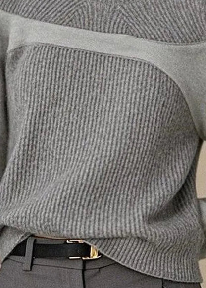 Simple Grey O Neck Patchwork Knit Top Winter