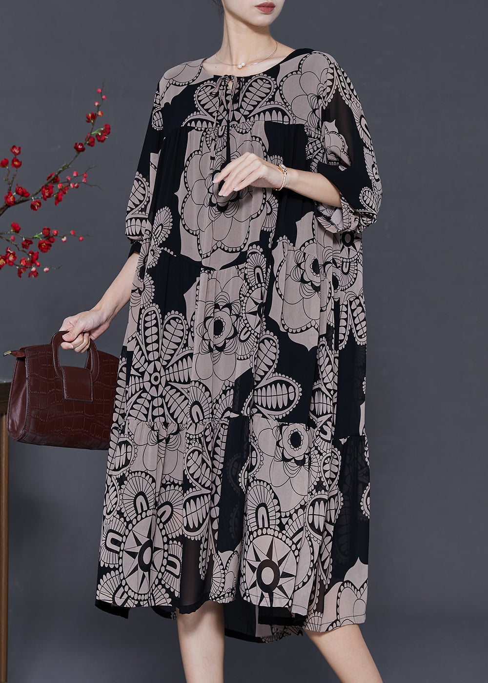 Khaki Oversized Print Chiffon Dresses Fall