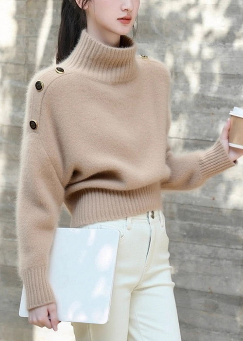 Khaki Turtleneck Cozy Knit Sweaters Winter
