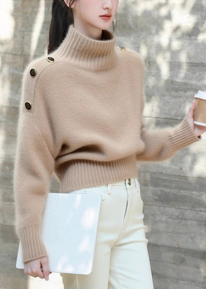 Khaki Turtleneck Cozy Knit Sweaters Winter
