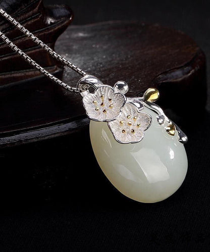 Cyan Sterling Silver Jade Water Drop Cherry Blossoms Pendant Necklace