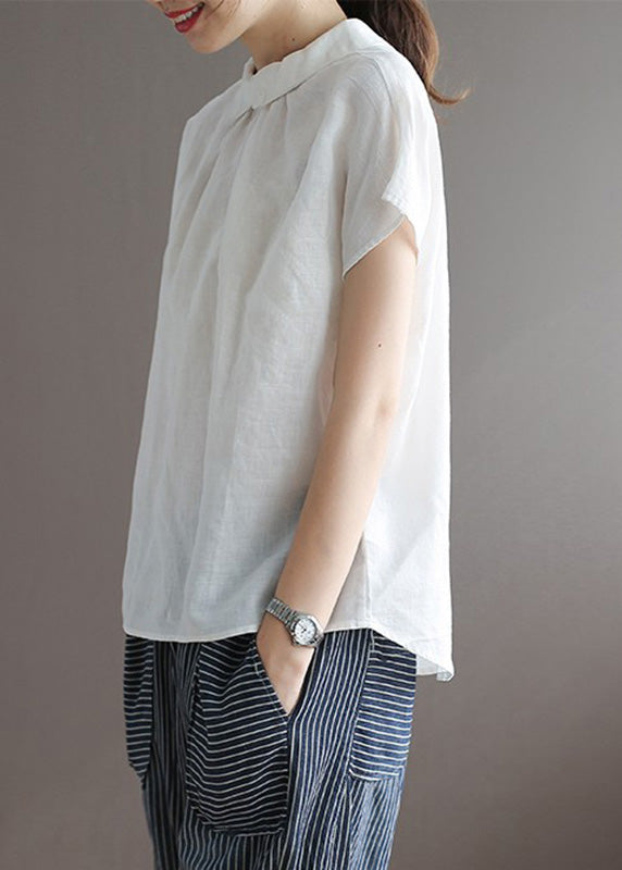 Simple White Peter Pan Collar Button Ramie Top Short Sleeve
