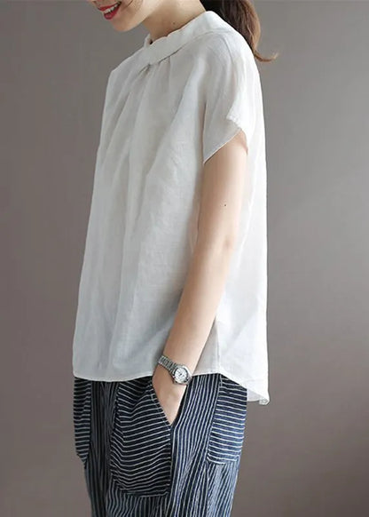 Simple White Peter Pan Collar Button Ramie Top Short Sleeve